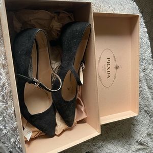 Prada black suede shoes with satin dust bag, Prada box size 37 EU   US 6.5